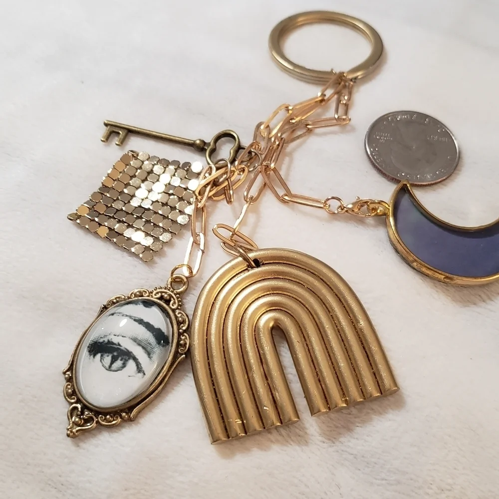Fornasetti Style Gold Bag Charm Keychain Italian Art Face Motif FREE SHIPPING